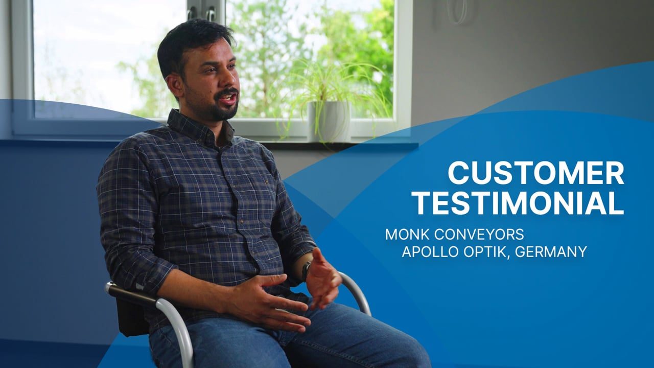 Customer testimonial interview filmed at Apollo Optik in Germany for Monk Conveyors